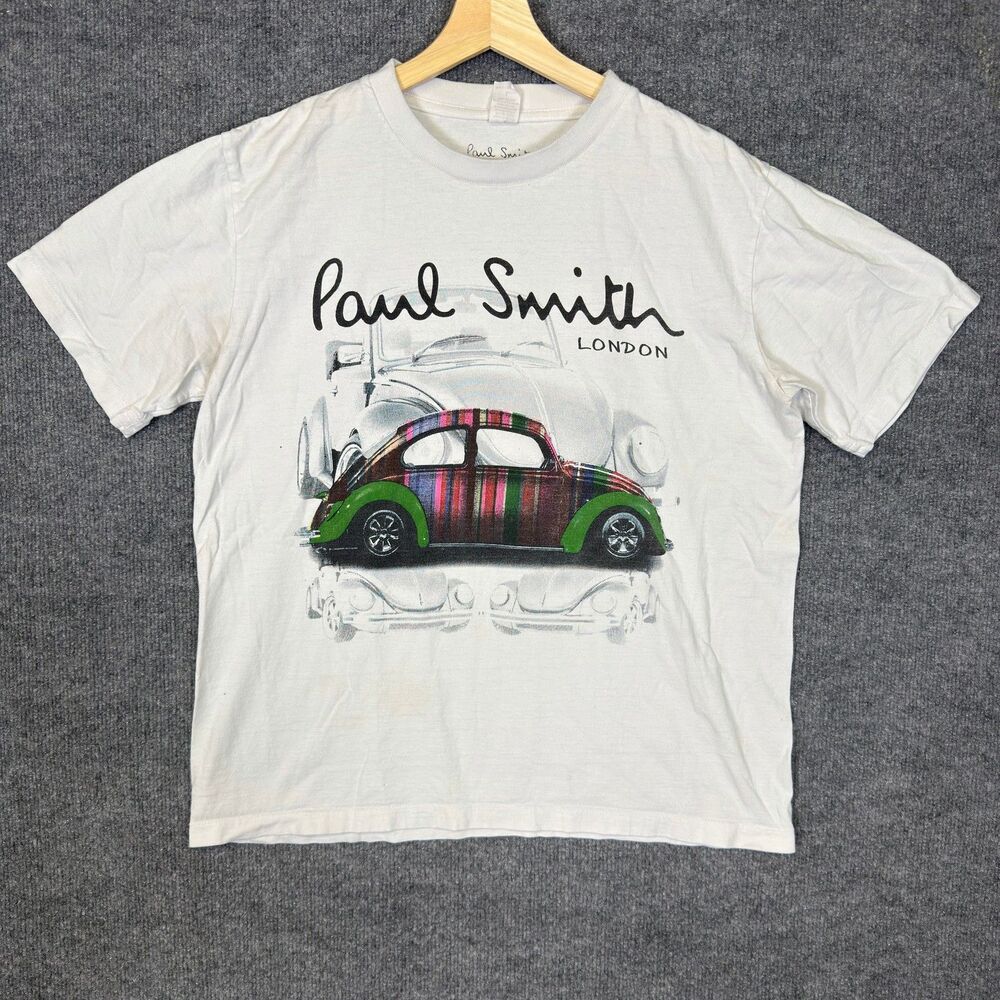 Vintage Paul Smith Men's T Shirt L White London Volkswagen Beetle Car Graphic